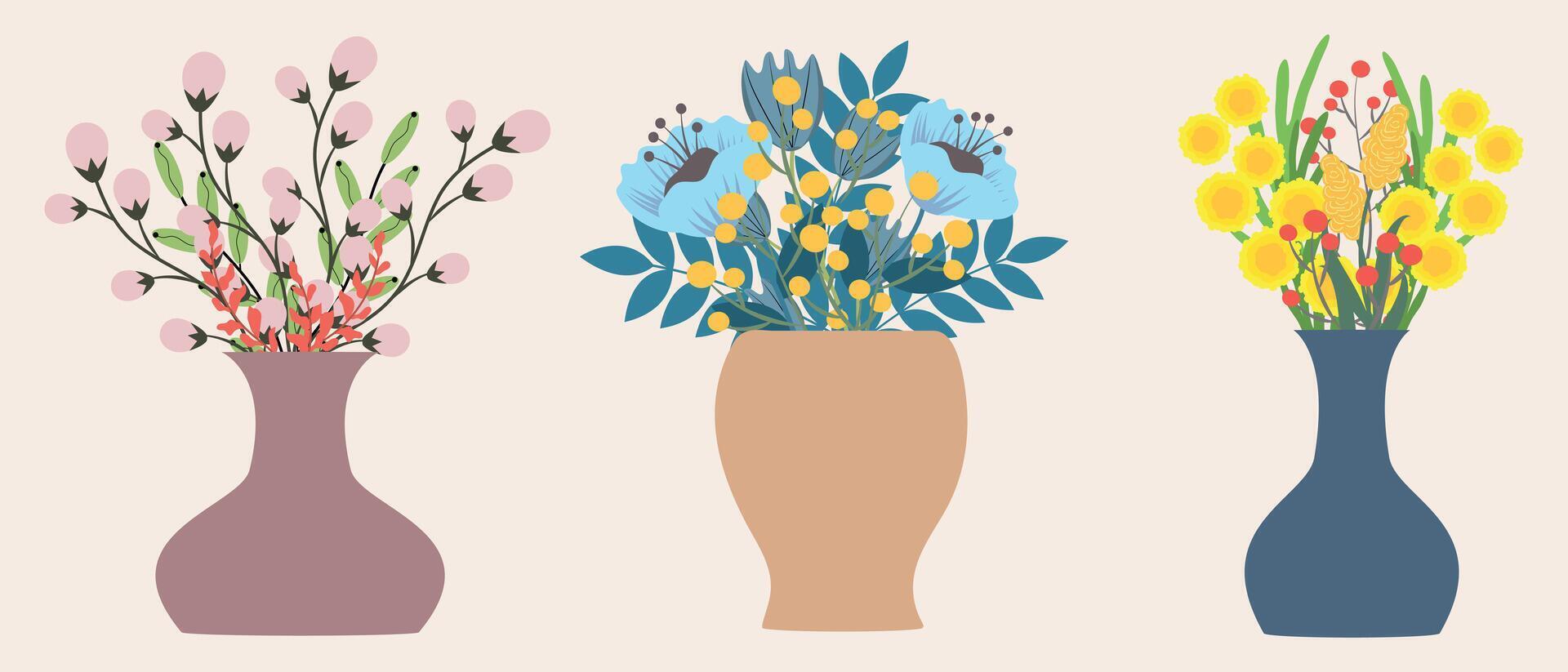 Vases with flowers. A bunch of bouquets of flowering plants in colorful vases drawn in a flat style. Design for greeting cards, banners, invitations, posters. vector