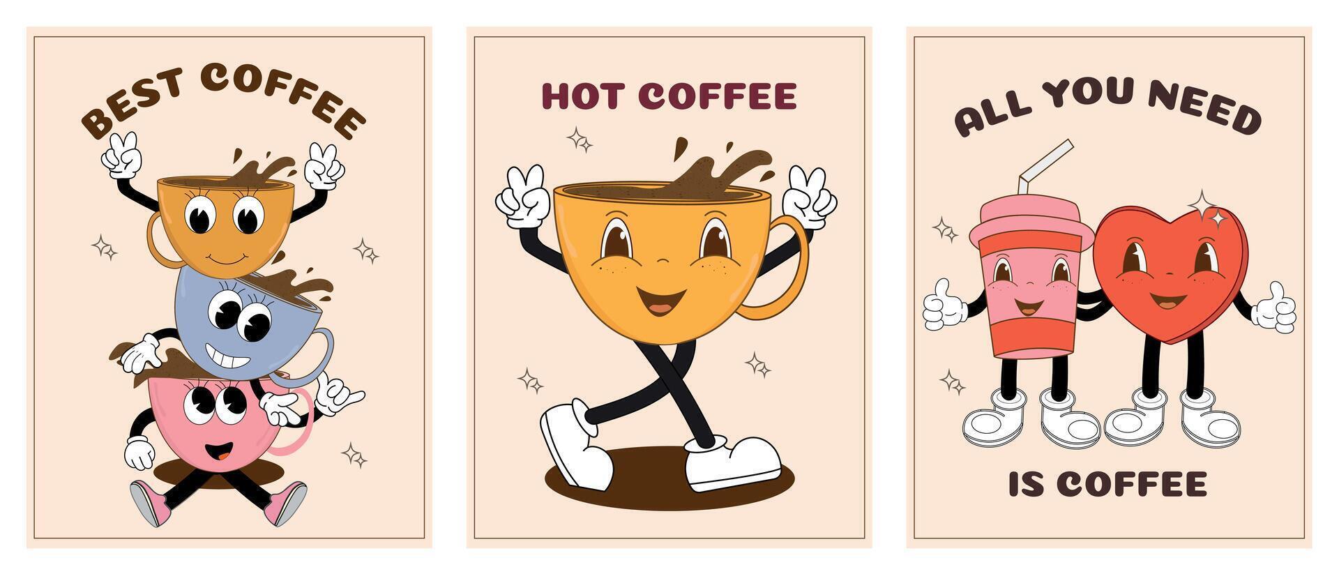 A set of posters with funny characters in groove style. Vintage vector illustration of coffee mascots. Latte, cappuccino, coffee cup and heart mascot. Retro 60s, 70s, 80s.