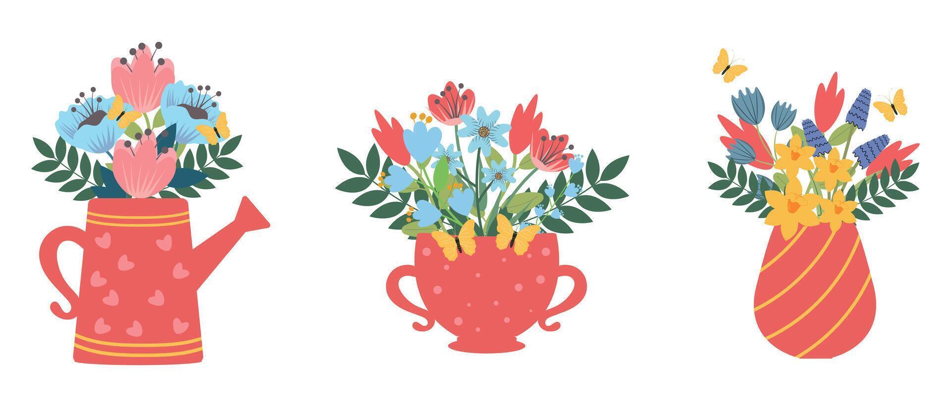 Set of spring floral backgrounds, modern greeting card templates. Hand-drawn bouquets of flowers in different vases. Congratulations on March 8, Womens Day, Mothers Day. vector