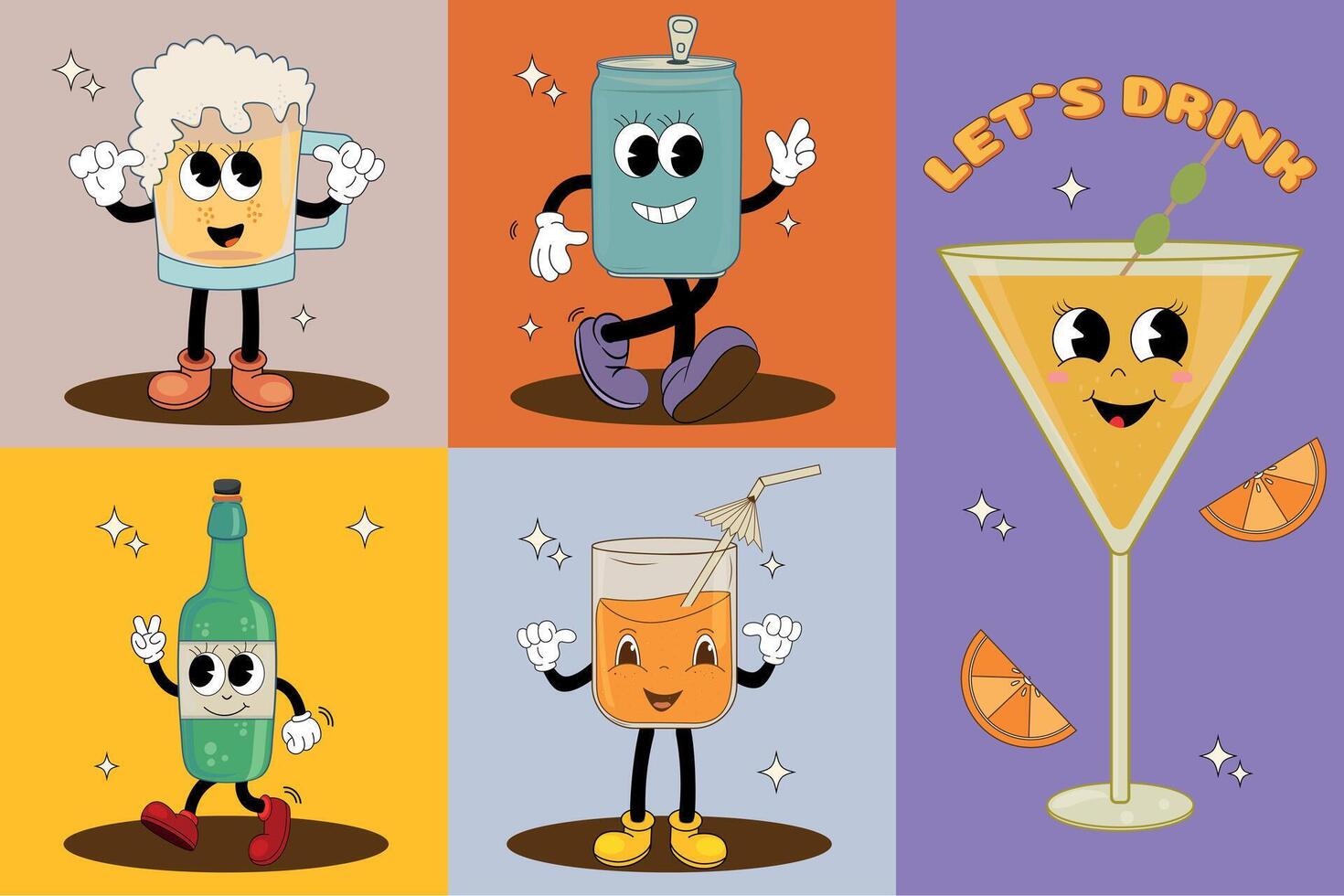 Groovy retro cartoon set with drink mascots, funny colorful doodle style characters, martini, beer, wine bottle, soda can and fresh juice. Vector illustration.