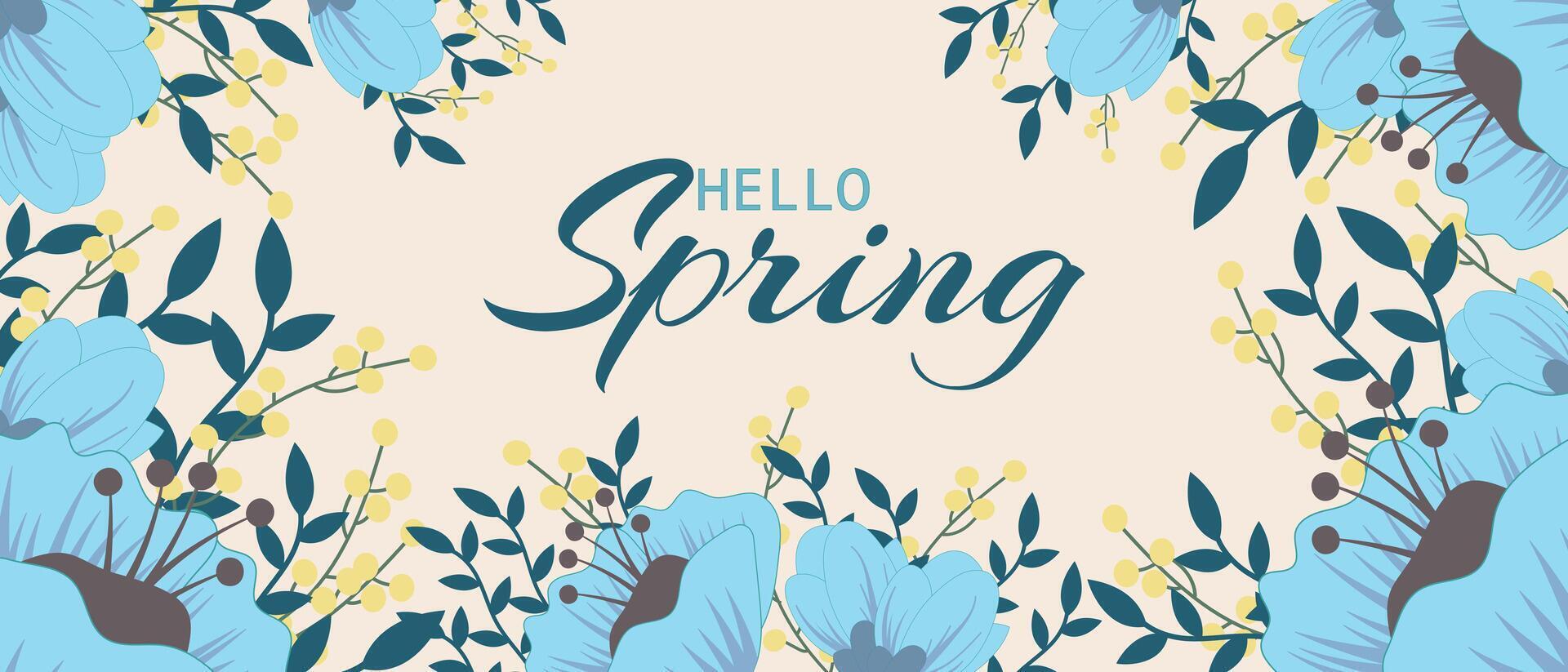 Banner with spring bright blue flowers on a nice bed background. Spring summer concept. vector