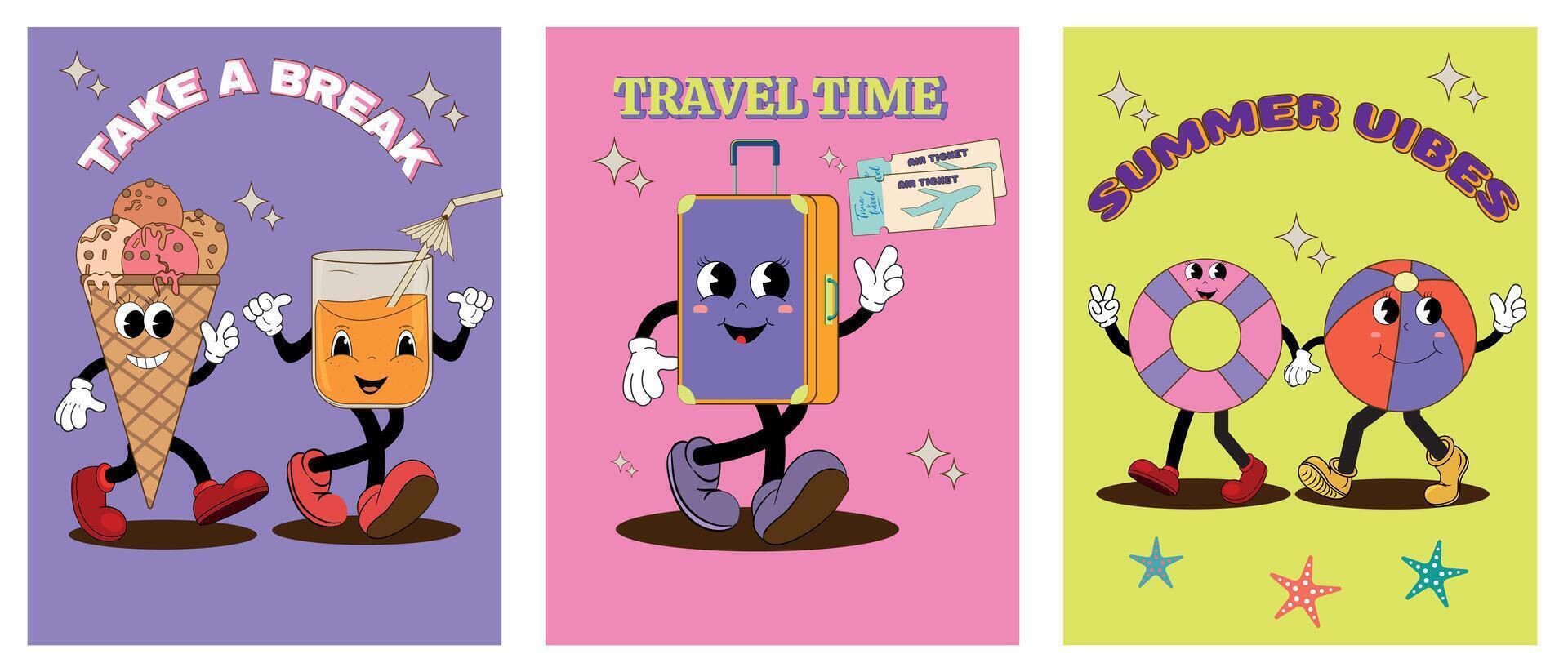 Set summer cartoon posters with funny groovy characters. Retro summer holiday mascots, suitcase, beach ball, ice cream and fresh cool juice. Just a good summer mood. vector