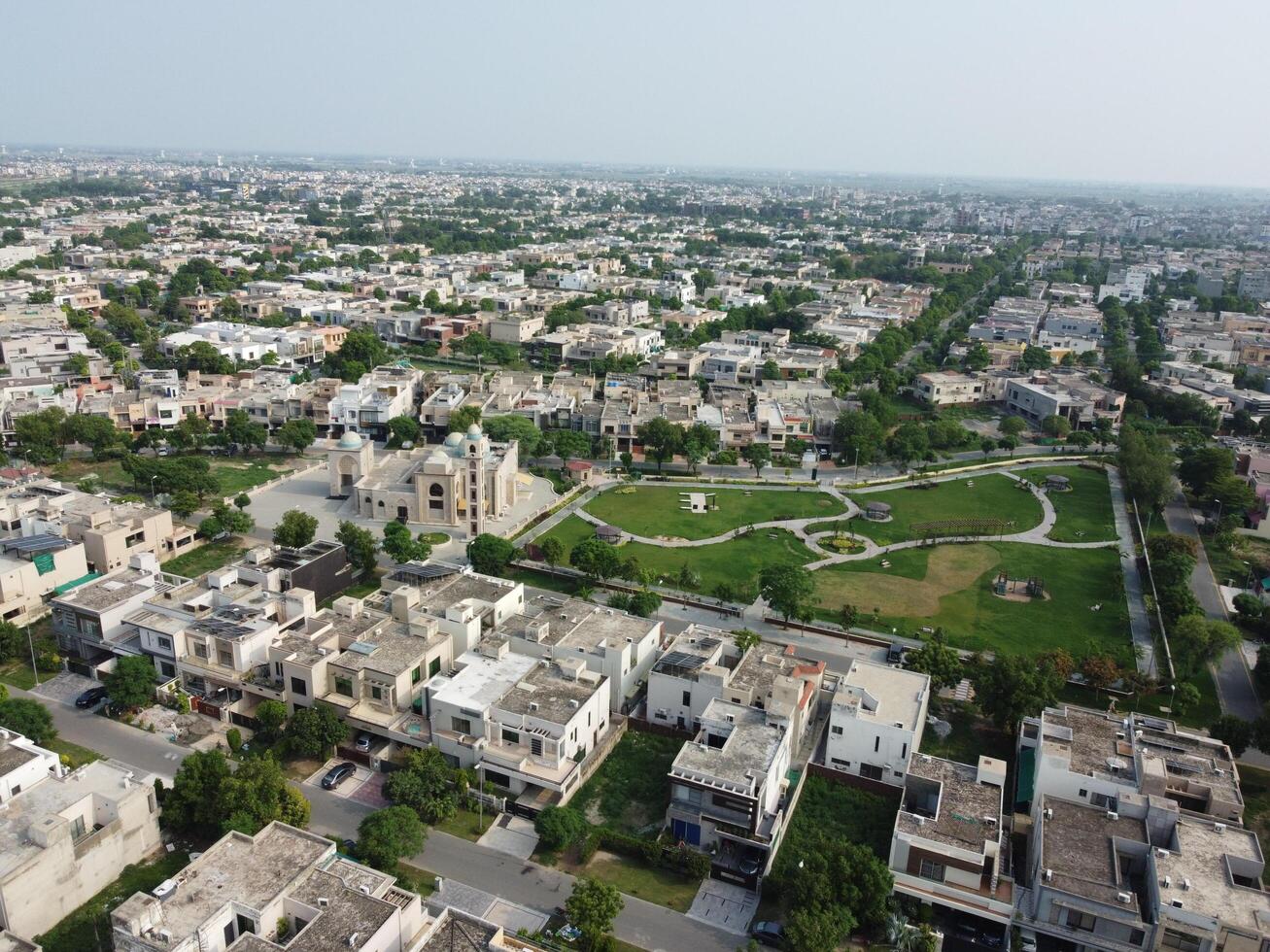 Aerial view of city with drone. photo