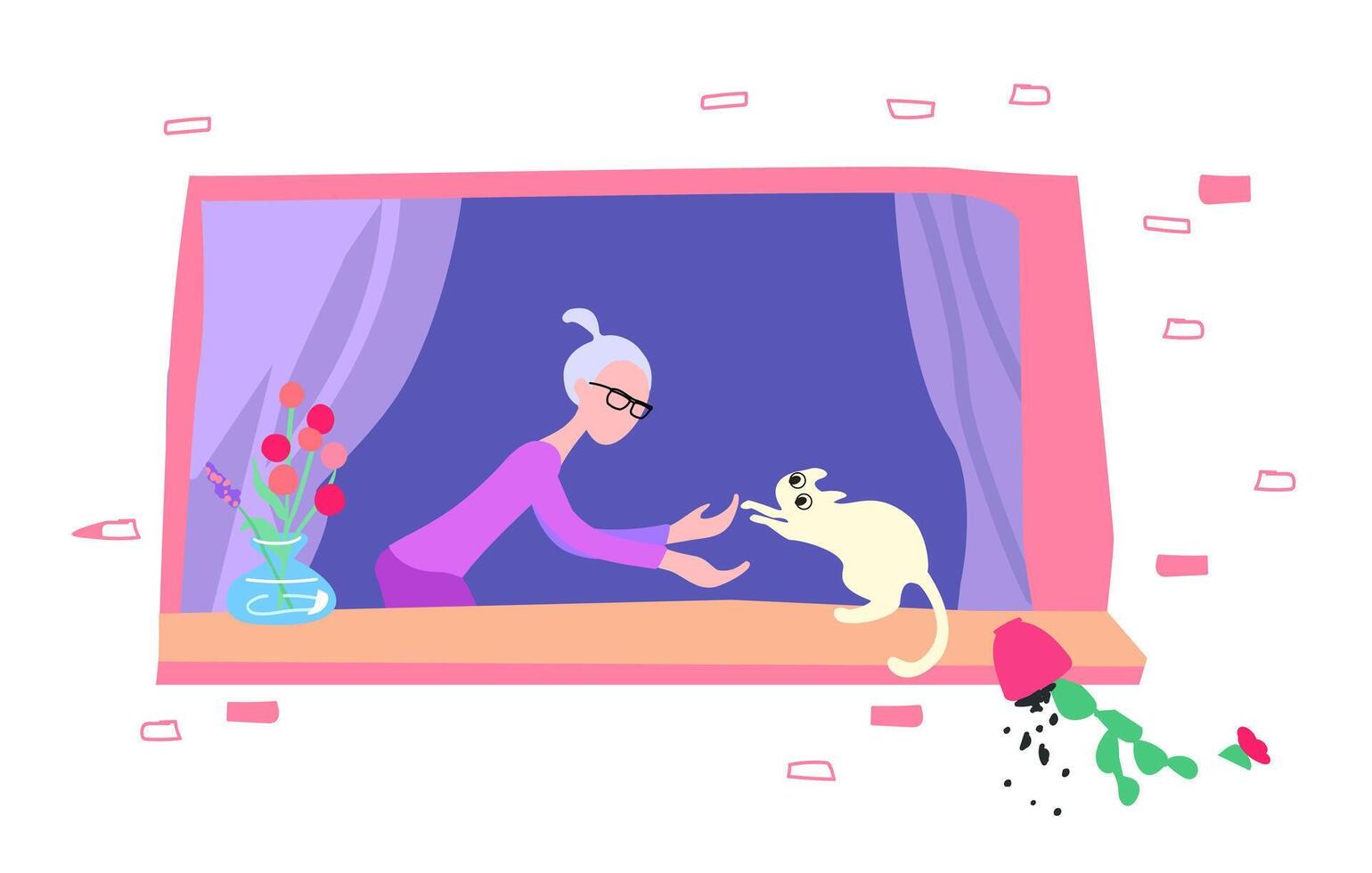 un blanco gato en el ventana gotas un flor maceta. plano vistoso vector ilustración