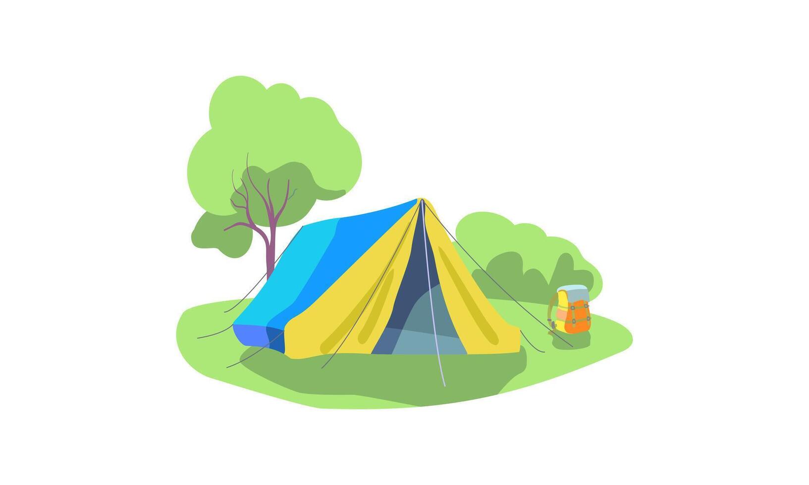 Glamping resorts. Forest touristic camp with tent, folding table and chair for adventure tourism and travel, bushcraft and backpacking. vector