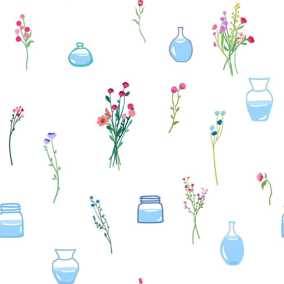 Spring flowers in glass vases, seamless pattern. Fragile floral stems and branches, repeating print. Summer blooming plants. vector