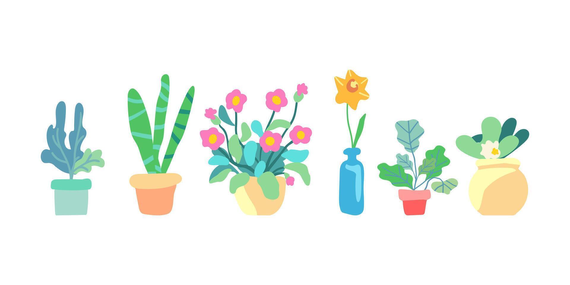 Botanical set of spring indoor plants. Flowers and leaves in the pot. Flowering plants. Blooming flowers and foliage. vector