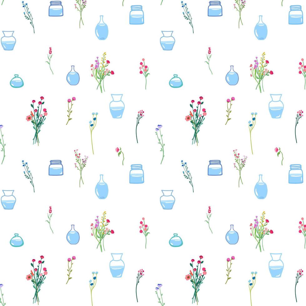 Spring flowers in glass vases, seamless pattern. Fragile floral stems and branches, repeating print. Summer blooming plants. vector