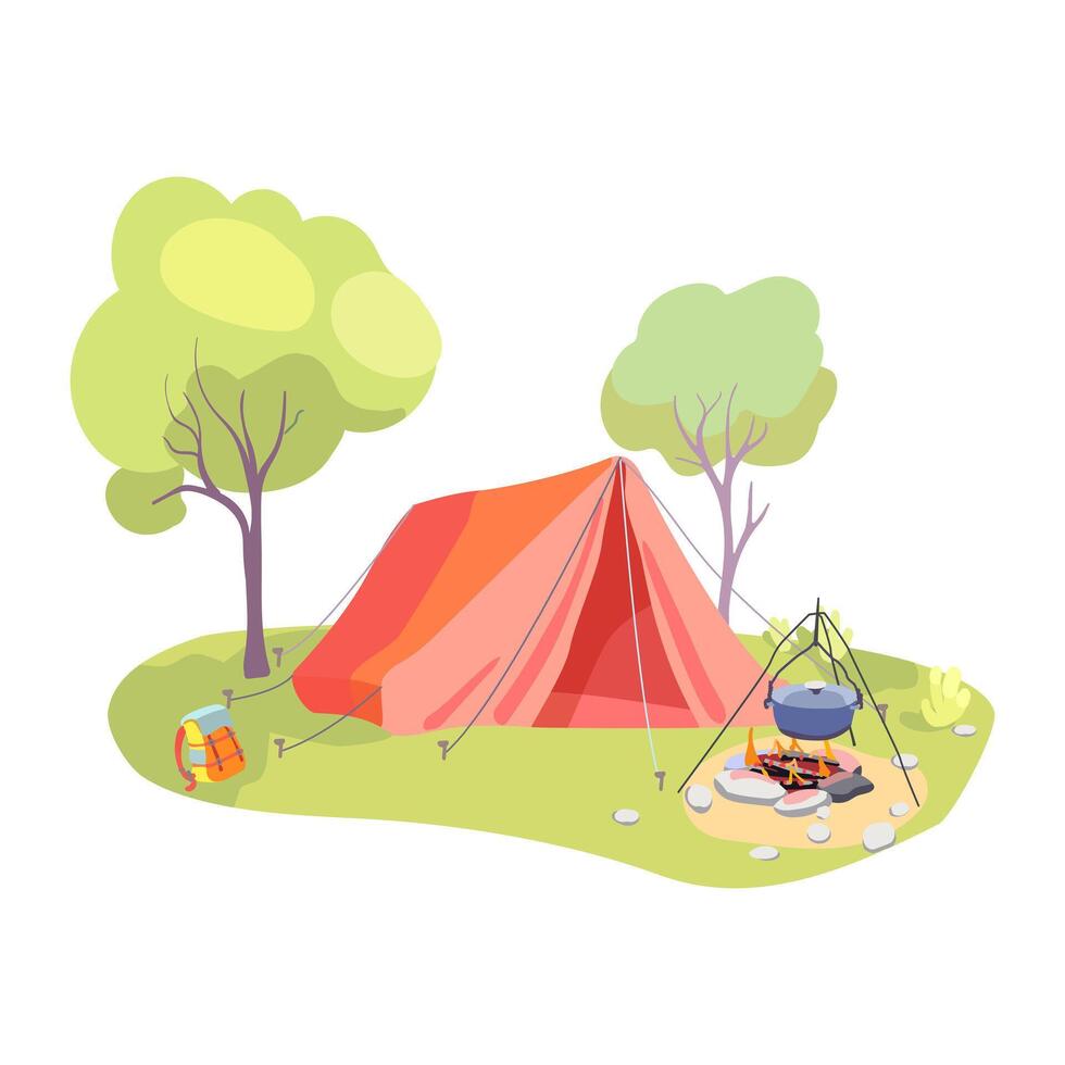 Forest touristic camp with tent, bonfire and firewood for adventure tourism and travel, bushcraft and backpacking. vector