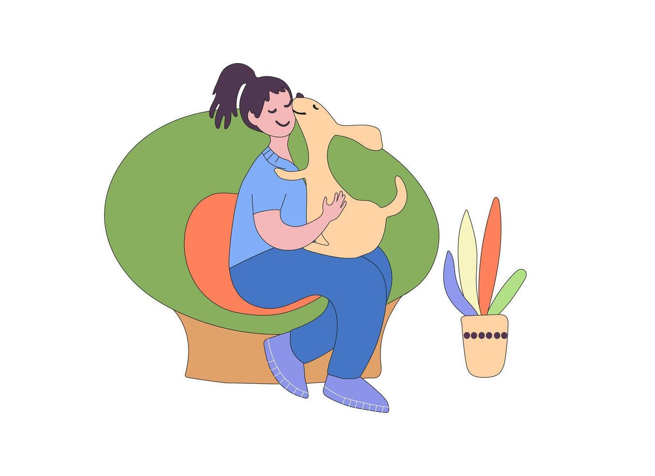 contento joven niña con perro en interior. persona y follaje en el parque. mujer en el cair con un cachorro. mascota amigable. plano vector ilustración aislado