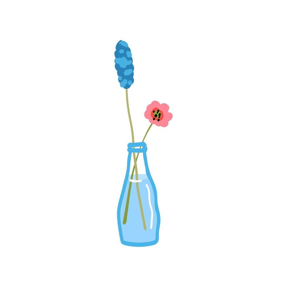 Branch with summer flowers in glass vase. Cut spring blooms in water. Blossomed floral plants, stems. Fresh gentle fragile delicate field wildflowers isolated flat vector illustration