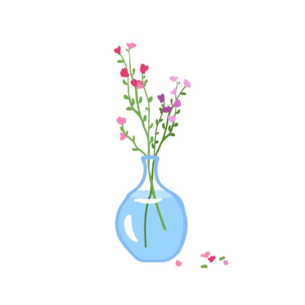 flores silvestres en vaso florero. primavera floral planta, campo floración, cortar prado tallos en jarra. delicado frágil verano flores, sencillo salvaje hierbas aislado en blanco antecedentes. vector ilustración