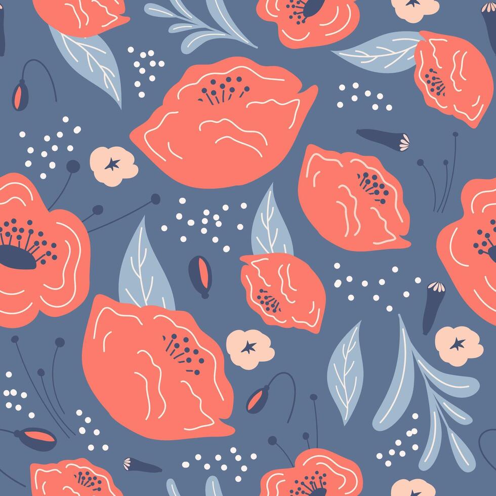 Seamless pattern with red flowers and poppy leaves on a blue background. Floral print vector