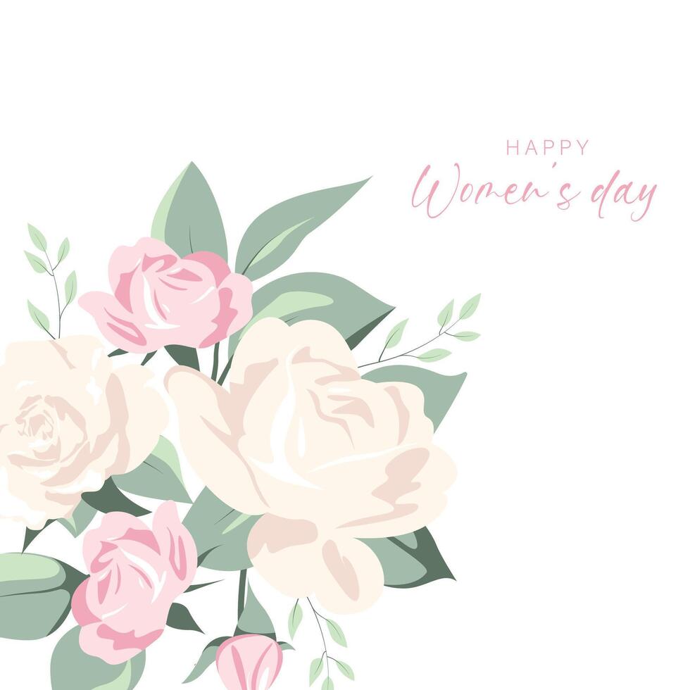 Square card with congratulations on Women's Day. Spring background with roses. vector