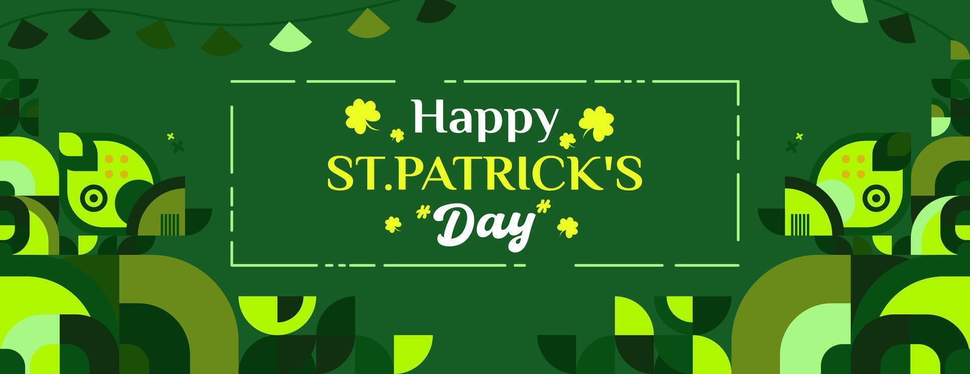 Happy St Patrick's Day banner in modern geometric style. Great for greeting covers, social posters and St Patrick's Day celebration party invitations with text. Vector illustration