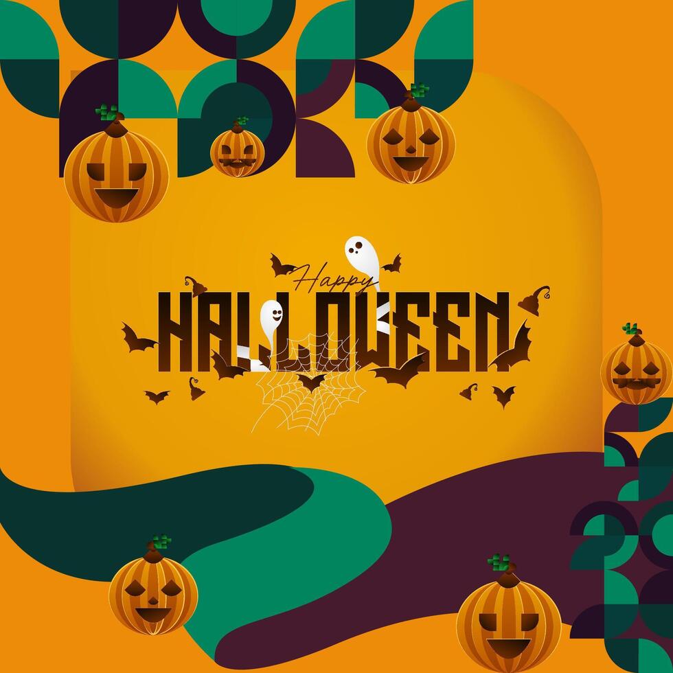 Happy Halloween background in geometric style. Happy Halloween cover with pumpkins, spider webs and typography. Suitable for posters, greeting cards and party invitations for Halloween celebrations vector