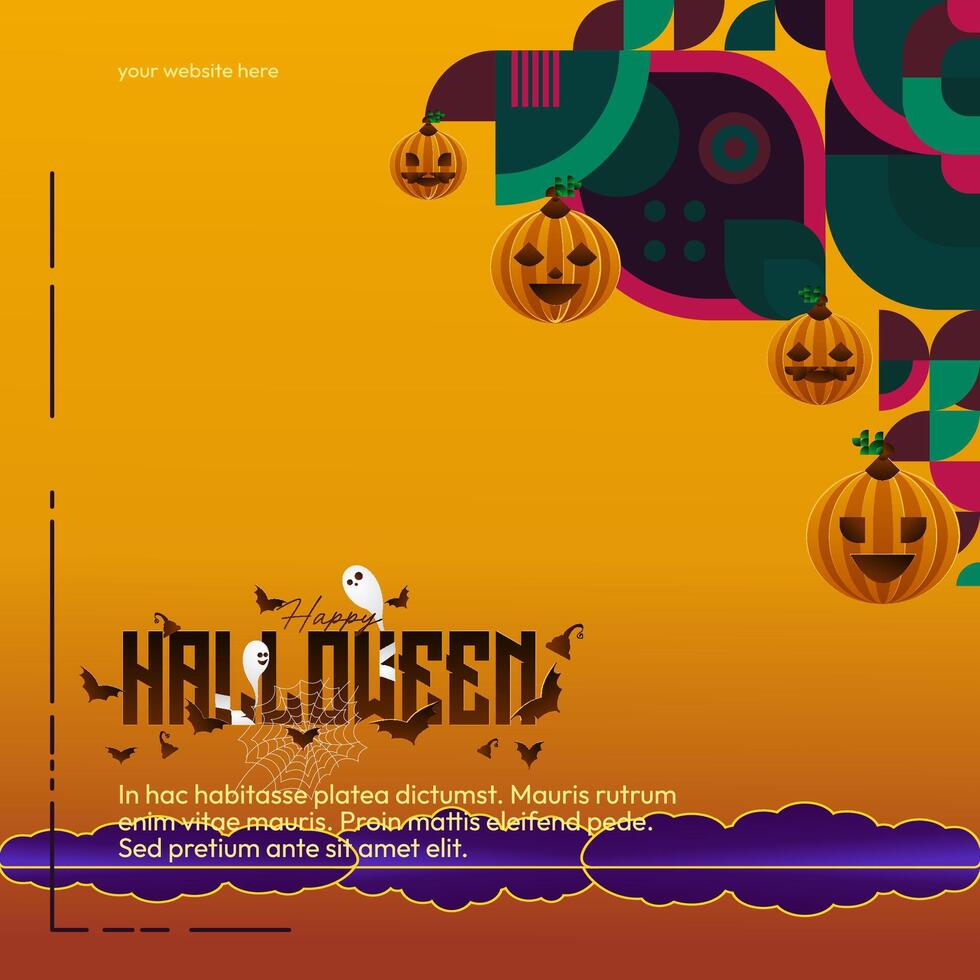 Happy Halloween background in geometric style. Happy Halloween cover with pumpkins, spider webs and typography. Suitable for posters, greeting cards and party invitations for Halloween celebrations vector