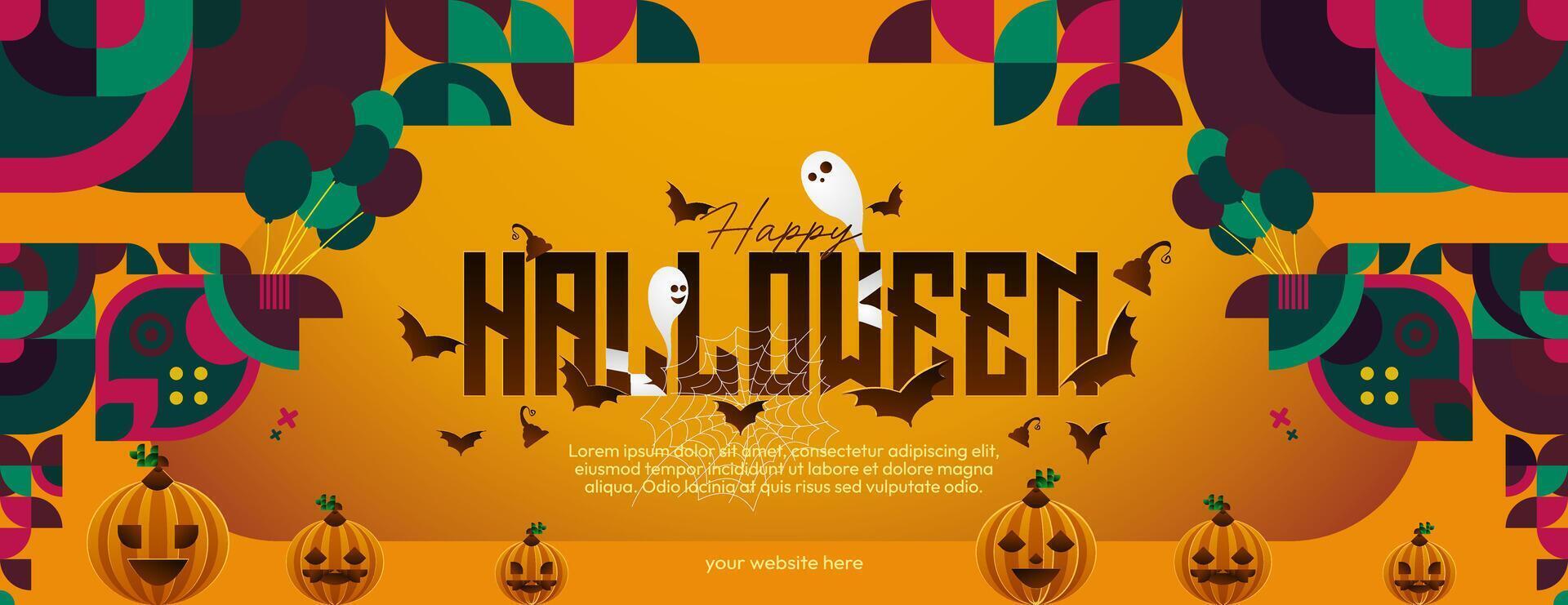 Happy Halloween horizontal background in geometric style. Happy Halloween cover with pumpkins, spider webs and typography. Suitable for greeting cards and party invitations for Halloween celebrations vector