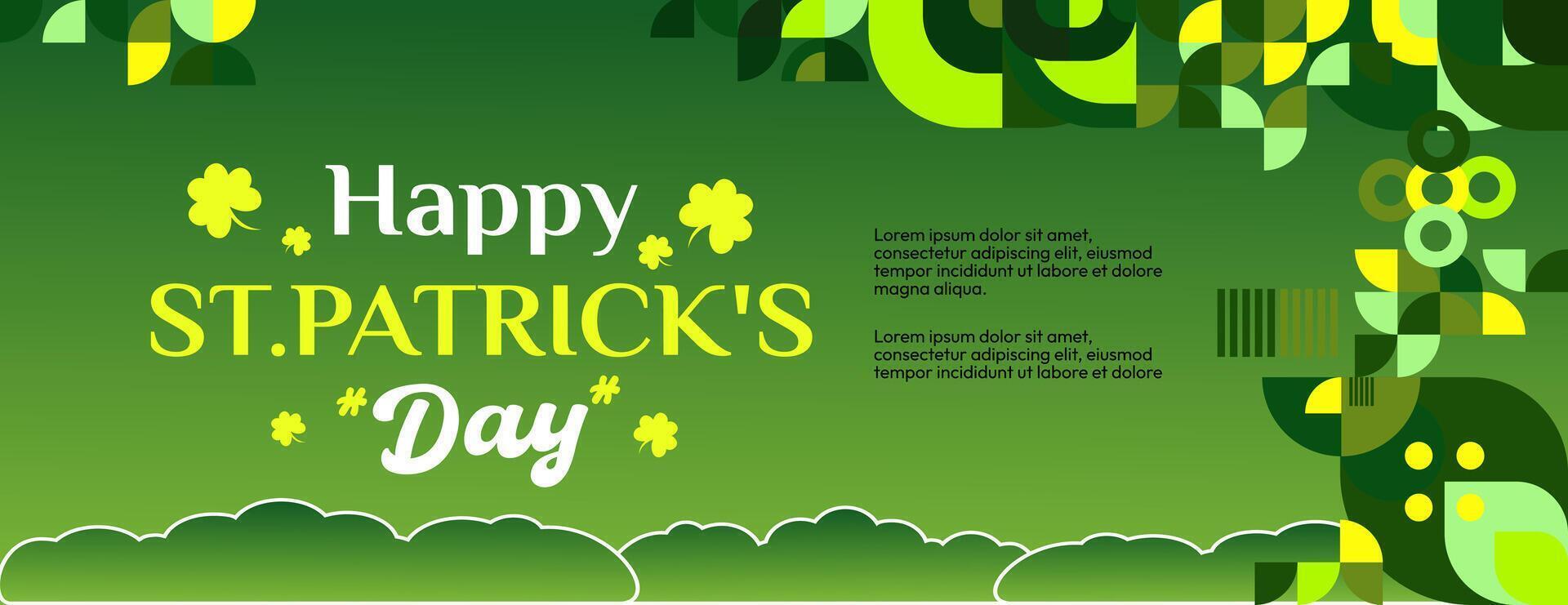 Happy St Patrick's Day banner in modern geometric style. Great for greeting covers, social posters and St Patrick's Day celebration party invitations with text. Vector illustration