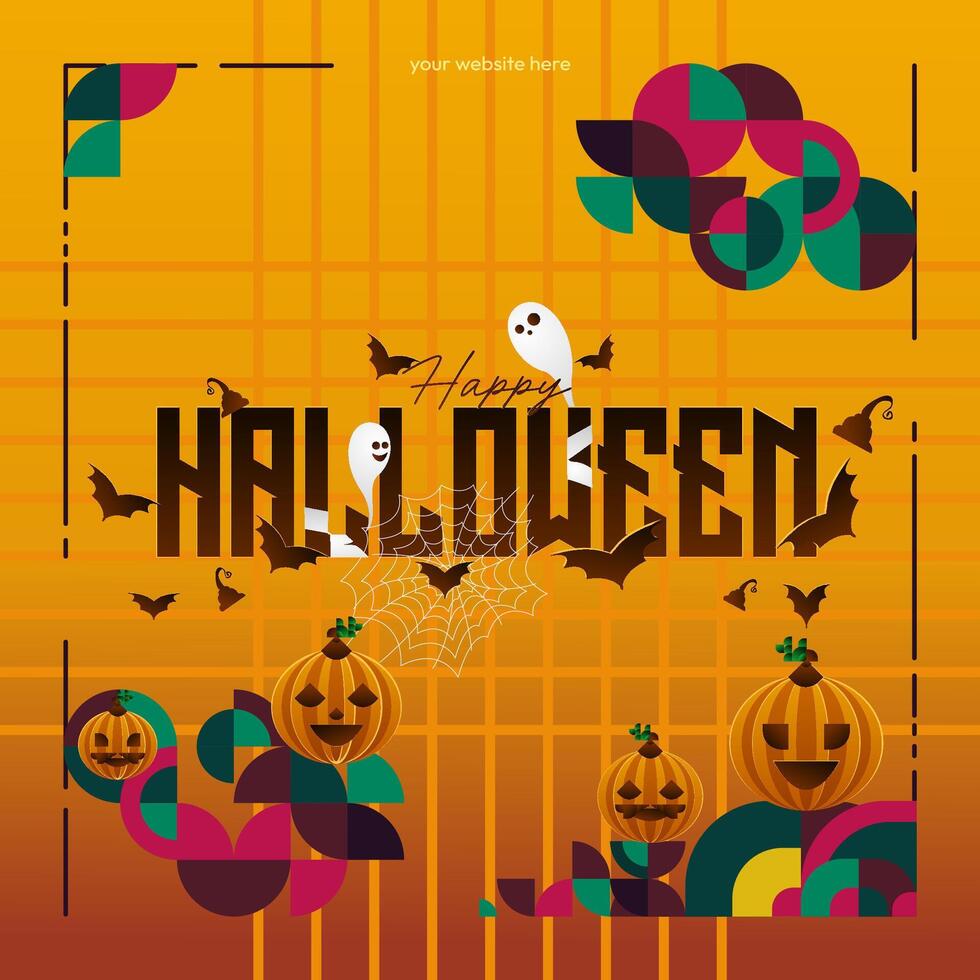 Happy Halloween background in geometric style. Happy Halloween cover with pumpkins, spider webs and typography. Suitable for posters, greeting cards and party invitations for Halloween celebrations vector