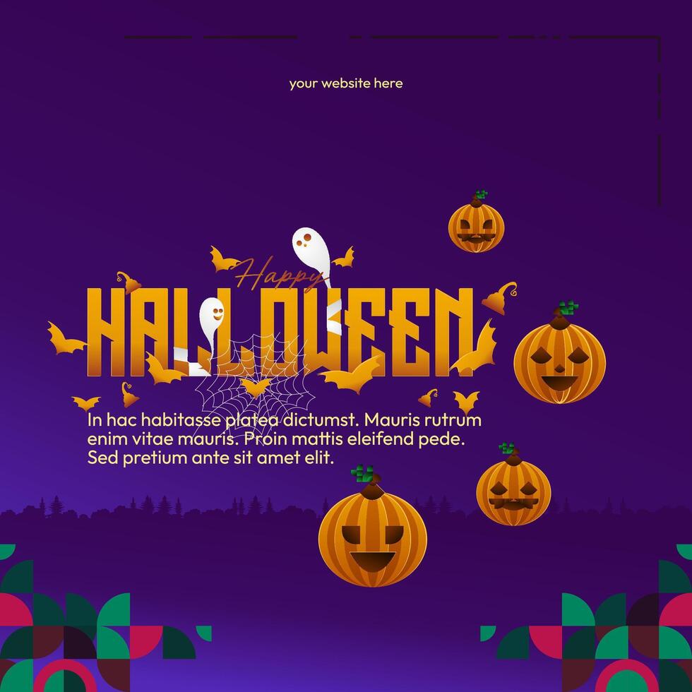 Happy Halloween background in geometric style. Happy Halloween cover with pumpkins, spider webs and typography. Suitable for posters, greeting cards and party invitations for Halloween celebrations vector