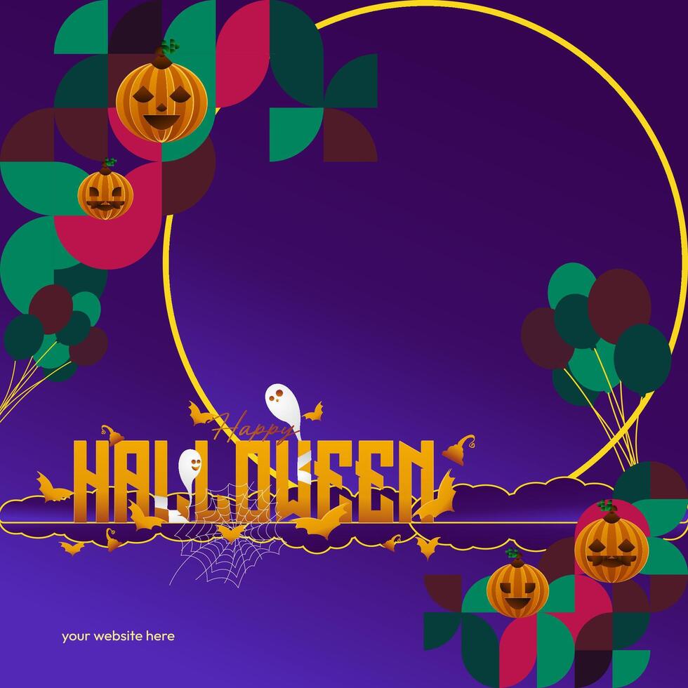 Happy Halloween background in geometric style. Happy Halloween cover with pumpkins, spider webs and typography. Suitable for posters, greeting cards and party invitations for Halloween celebrations vector