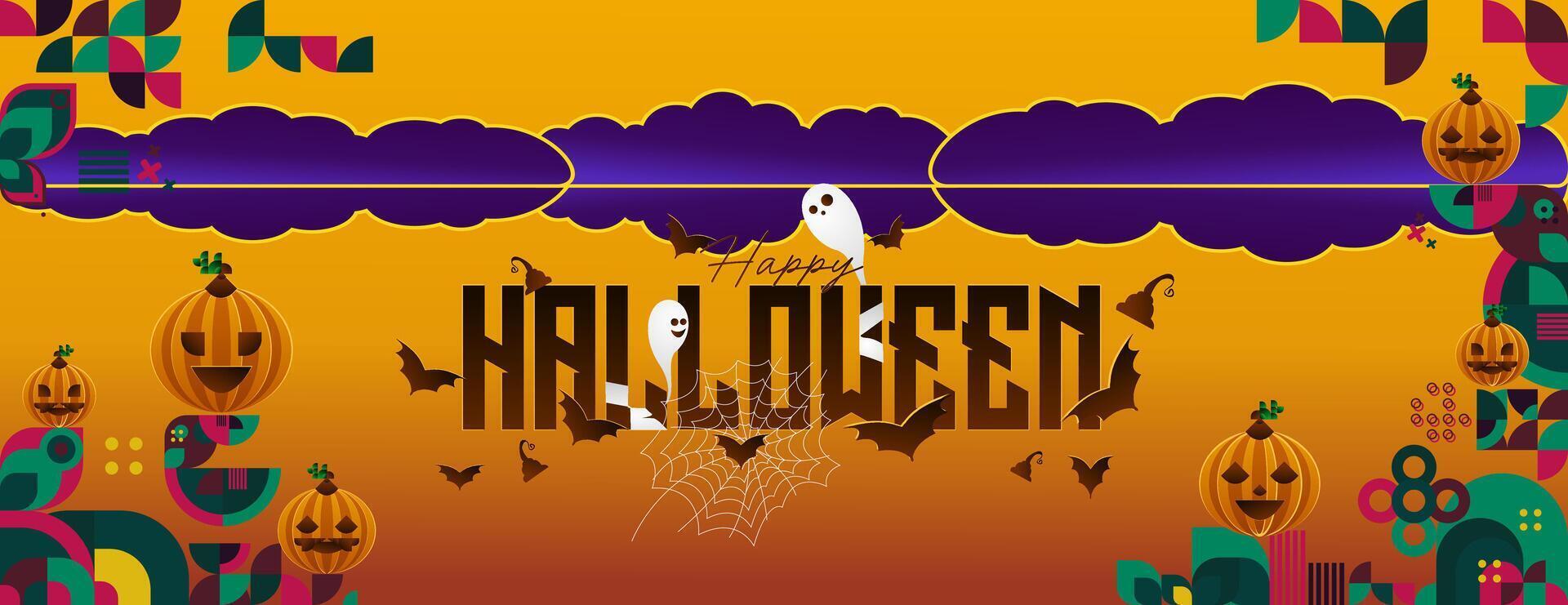 Happy Halloween horizontal background in geometric style. Happy Halloween cover with pumpkins, spider webs and typography. Suitable for greeting cards and party invitations for Halloween celebrations vector