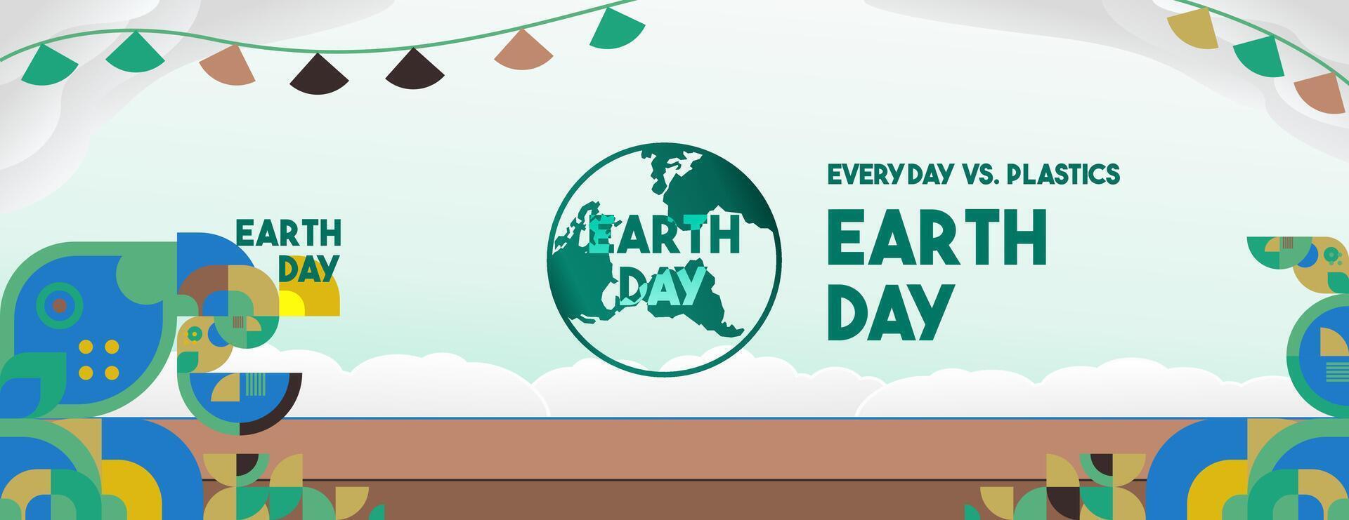 Earth day banner. Modern geometric abstract background in environmental colors for Earth Day. Happy Earth Day greeting card cover with text. Vector illustration of Earth Day for awareness