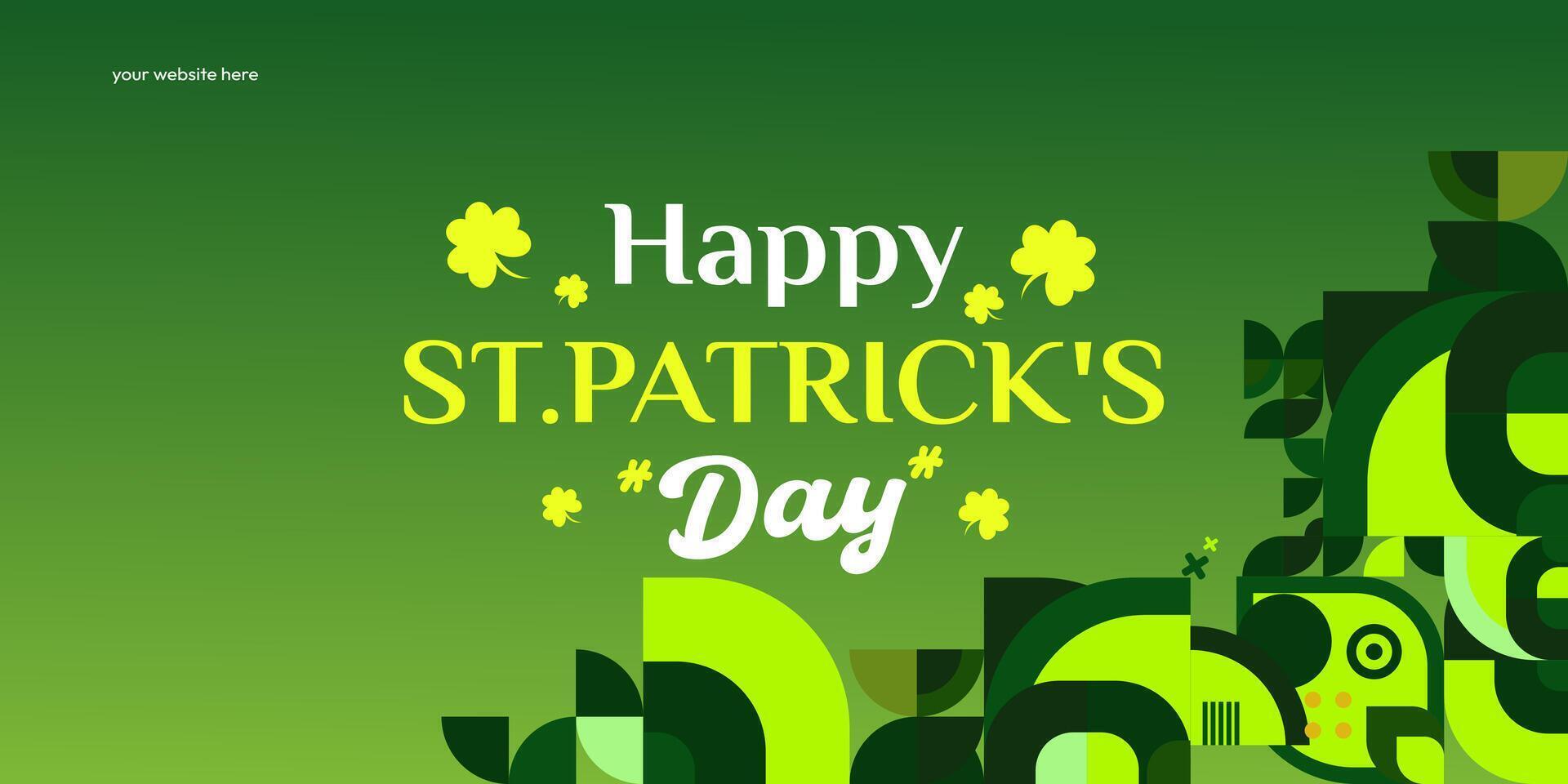 Happy St Patrick's Day banner in modern geometric style. Great for greeting covers, social posters and St Patrick's Day celebration party invitations with text. Vector illustration