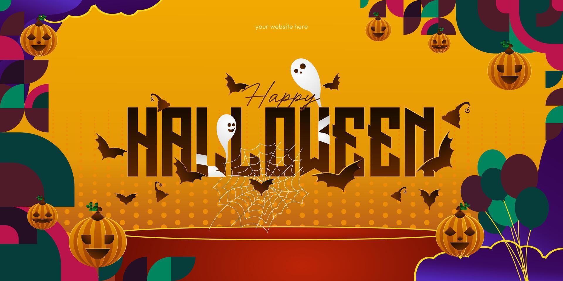 Happy Halloween background in geometric style. Happy halloween cover with pumpkins, spider webs and typography. Suitable for posters, greeting cards and party invitations for Halloween celebrations vector