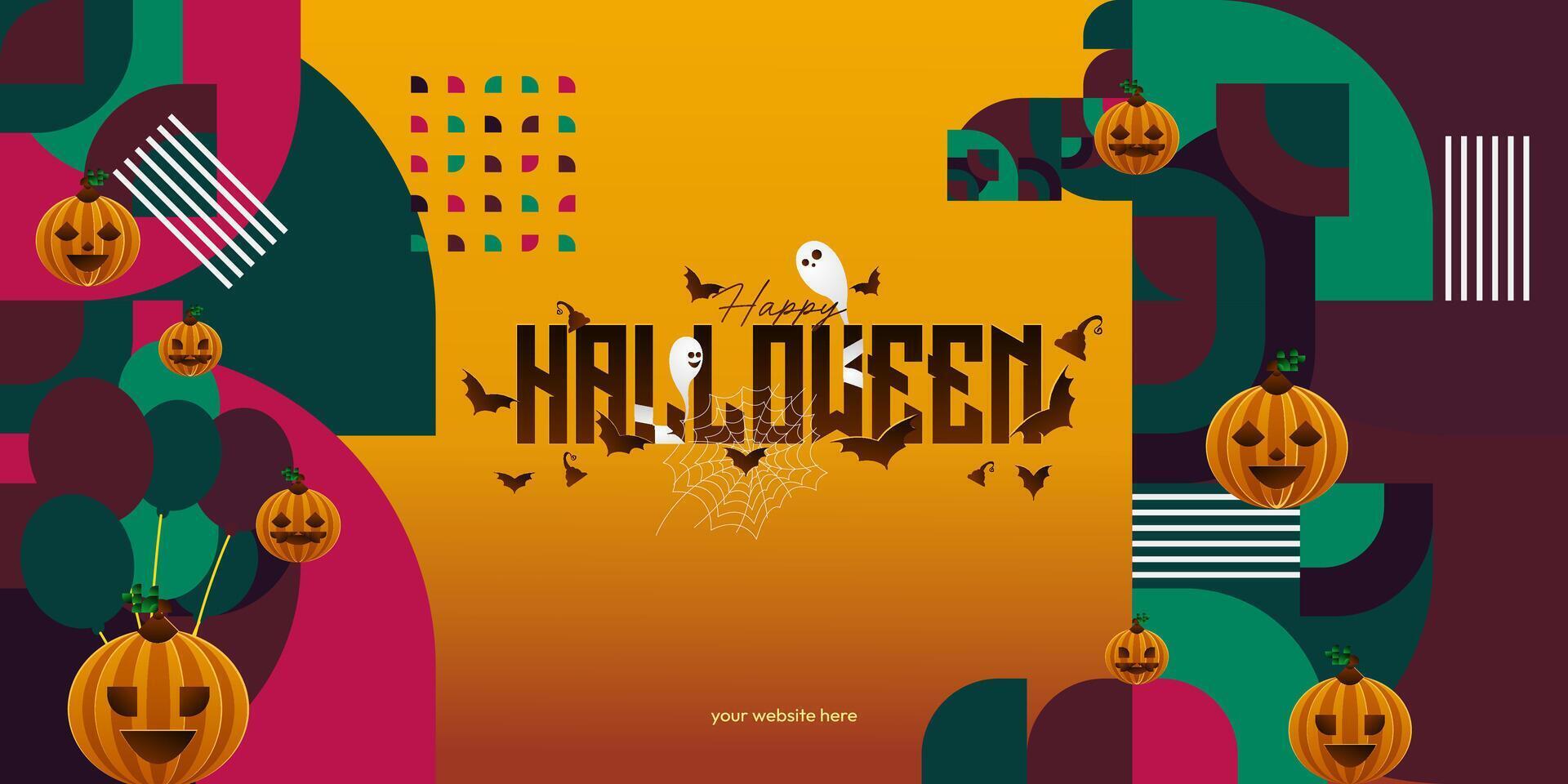 Happy Halloween background in geometric style. Happy halloween cover with pumpkins, spider webs and typography. Suitable for posters, greeting cards and party invitations for Halloween celebrations vector