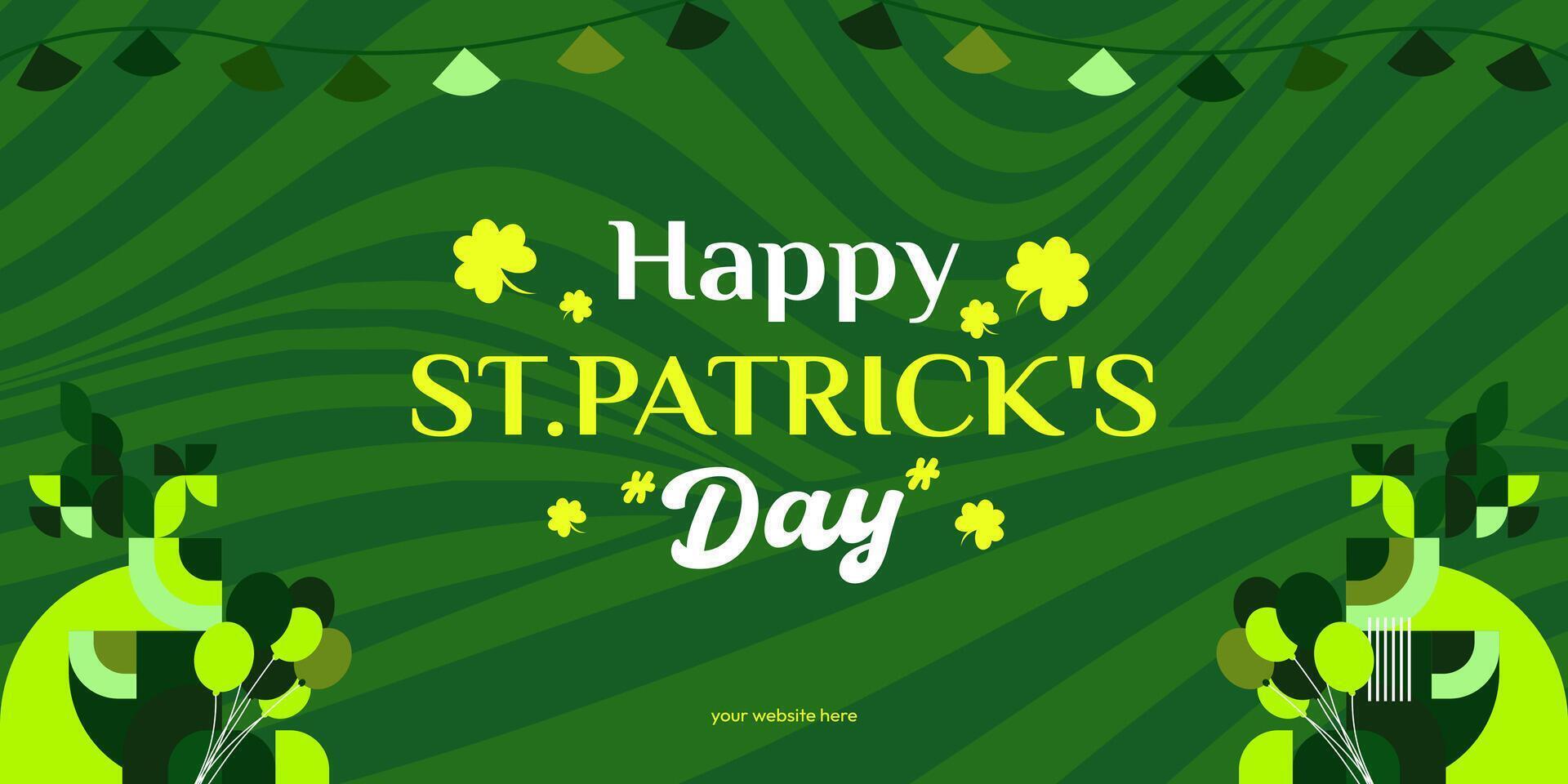 Happy St Patrick's Day banner in modern geometric style. Great for greeting covers, social posters and St Patrick's Day celebration party invitations with text. Vector illustration