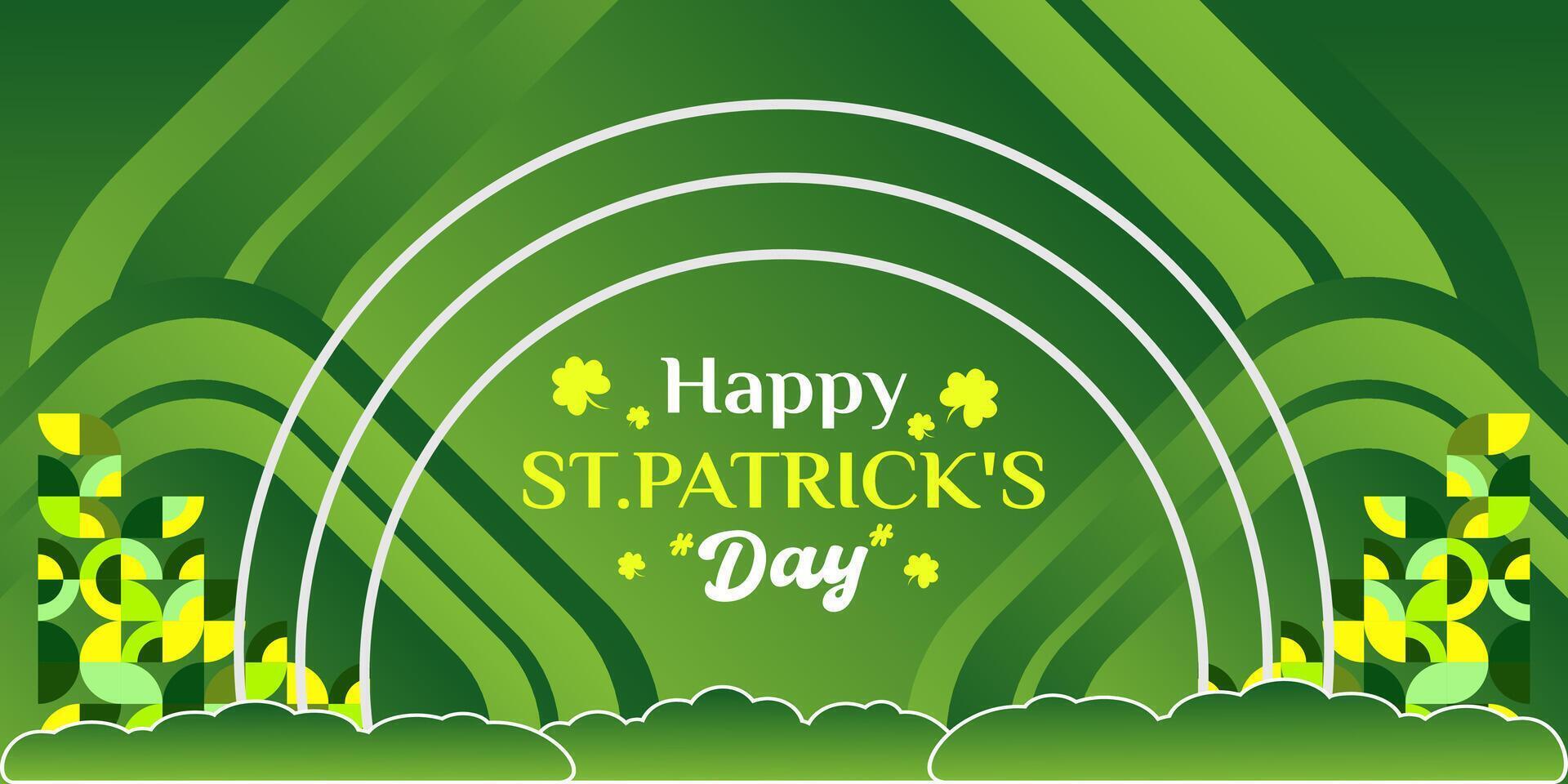 Happy St Patrick's Day banner in modern geometric style. Great for greeting covers, social posters and St Patrick's Day celebration party invitations with text. Vector illustration