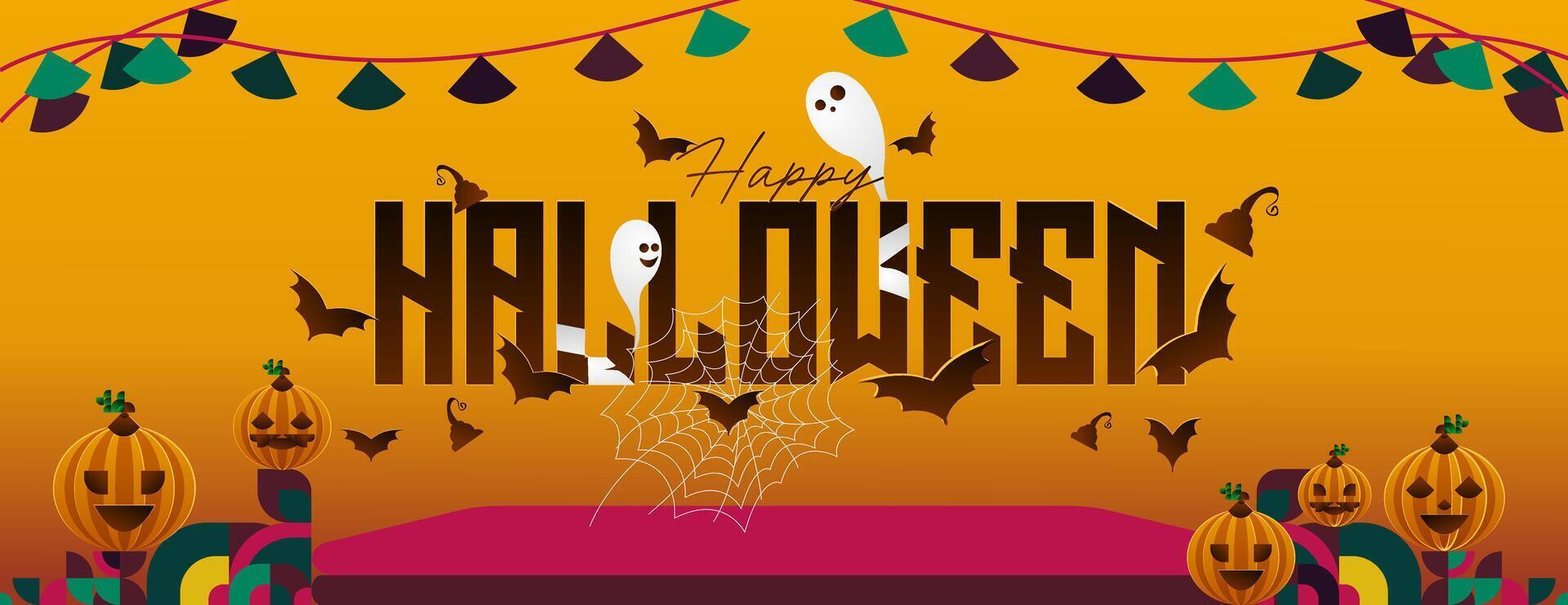Happy Halloween horizontal background in geometric style. Happy Halloween cover with pumpkins, spider webs and typography. Suitable for greeting cards and party invitations for Halloween celebrations vector