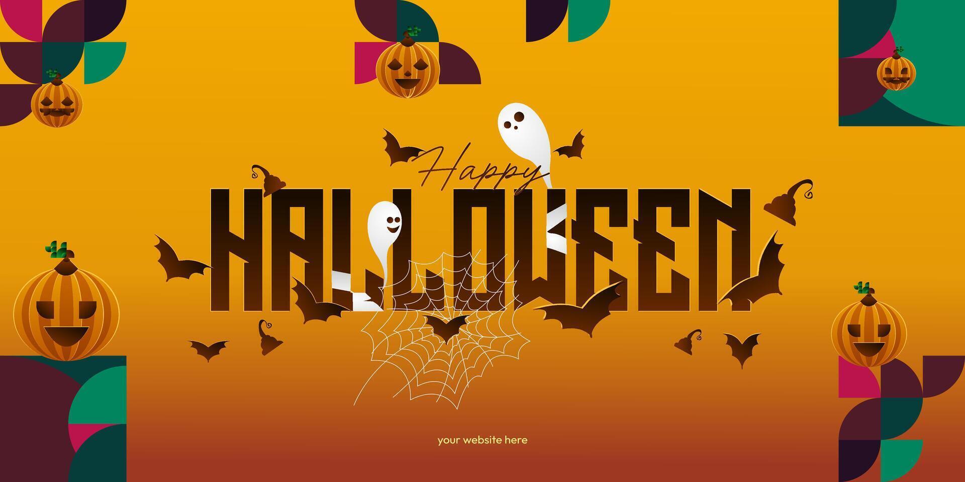 Happy Halloween background in geometric style. Happy halloween cover with pumpkins, spider webs and typography. Suitable for posters, greeting cards and party invitations for Halloween celebrations vector