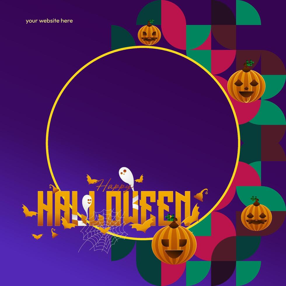 Happy Halloween background in geometric style. Happy Halloween cover with pumpkins, spider webs and typography. Suitable for posters, greeting cards and party invitations for Halloween celebrations vector