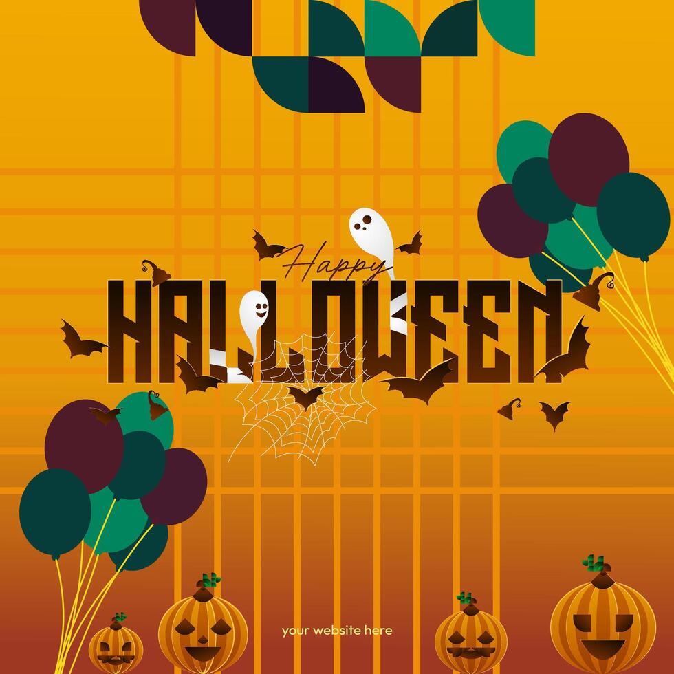 Happy Halloween background in geometric style. Happy Halloween cover with pumpkins, spider webs and typography. Suitable for posters, greeting cards and party invitations for Halloween celebrations vector