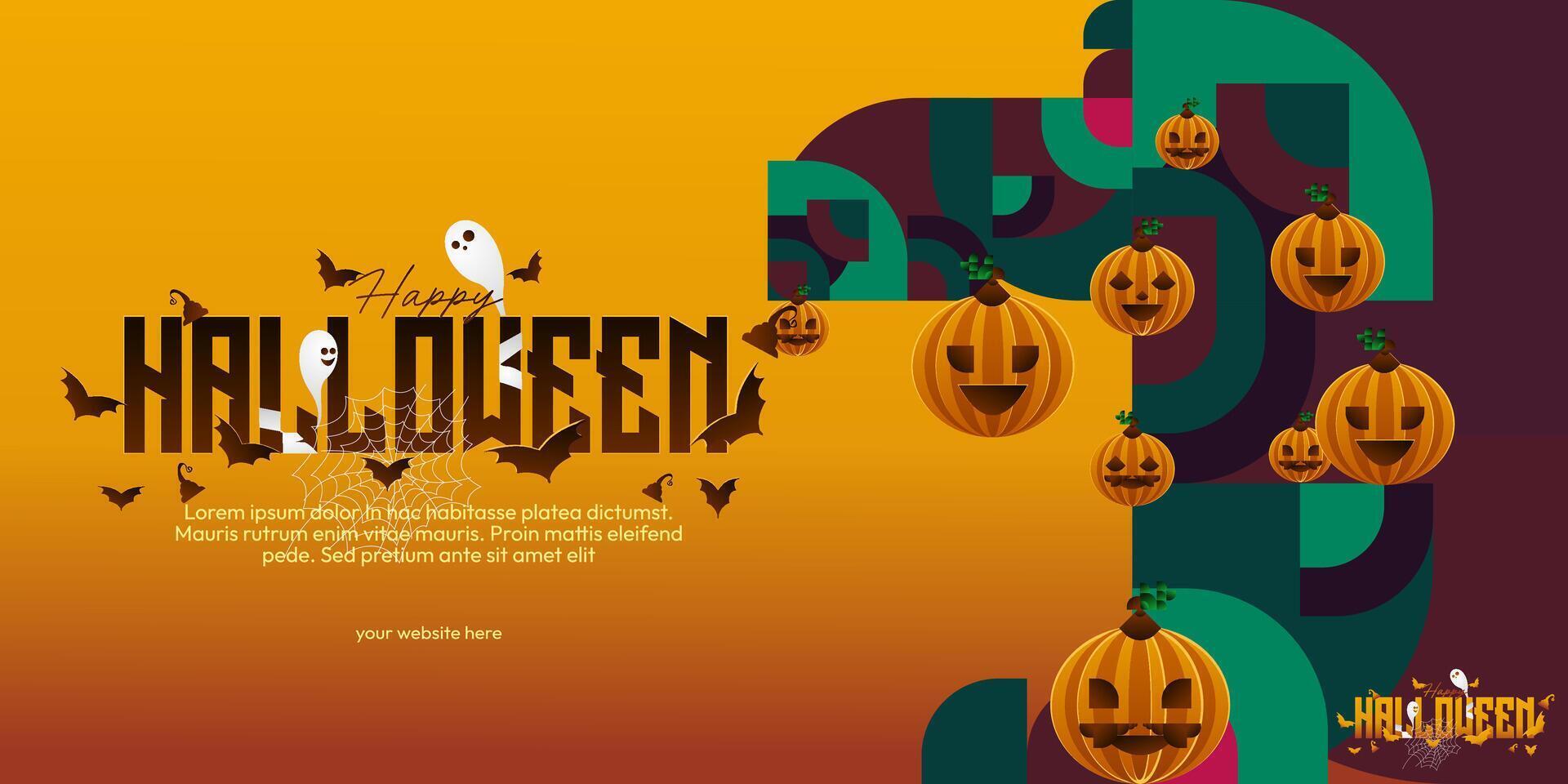 Happy Halloween background in geometric style. Happy halloween cover with pumpkins, spider webs and typography. Suitable for posters, greeting cards and party invitations for Halloween celebrations vector