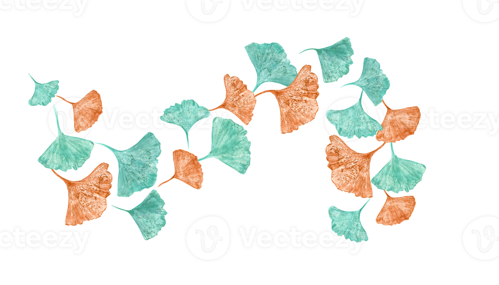 spiraal kolken van blauw, gouden bladeren. blad opdrukken in turkoois, geel kleuren. gingko, biloba bladeren. ginkgo abstract bladeren. waterverf illustratie van kleurrijk blad silhouetten. png