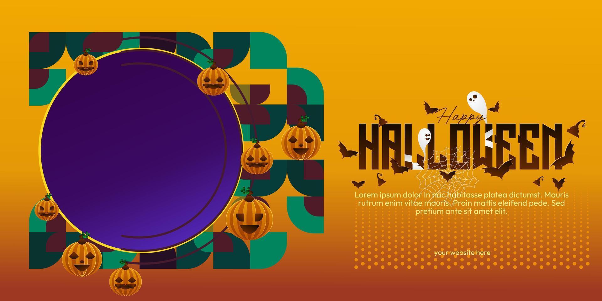 Happy Halloween background in geometric style. Happy halloween cover with pumpkins, spider webs and typography. Suitable for posters, greeting cards and party invitations for Halloween celebrations vector