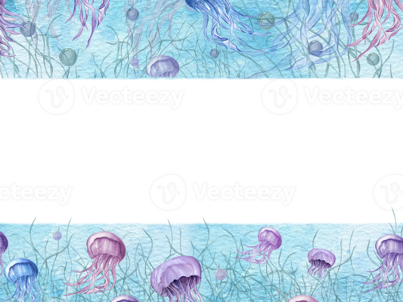 Horizontal frame with floating medusa and plants. Blue and violet jellyfish. Flock of jellyfish with long poisonous tentacles. Sea animals. Watercolor illustration with text space png