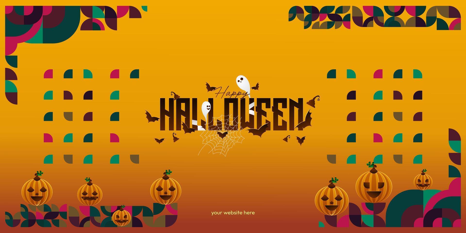 Happy Halloween background in geometric style. Happy halloween cover with pumpkins, spider webs and typography. Suitable for posters, greeting cards and party invitations for Halloween celebrations vector