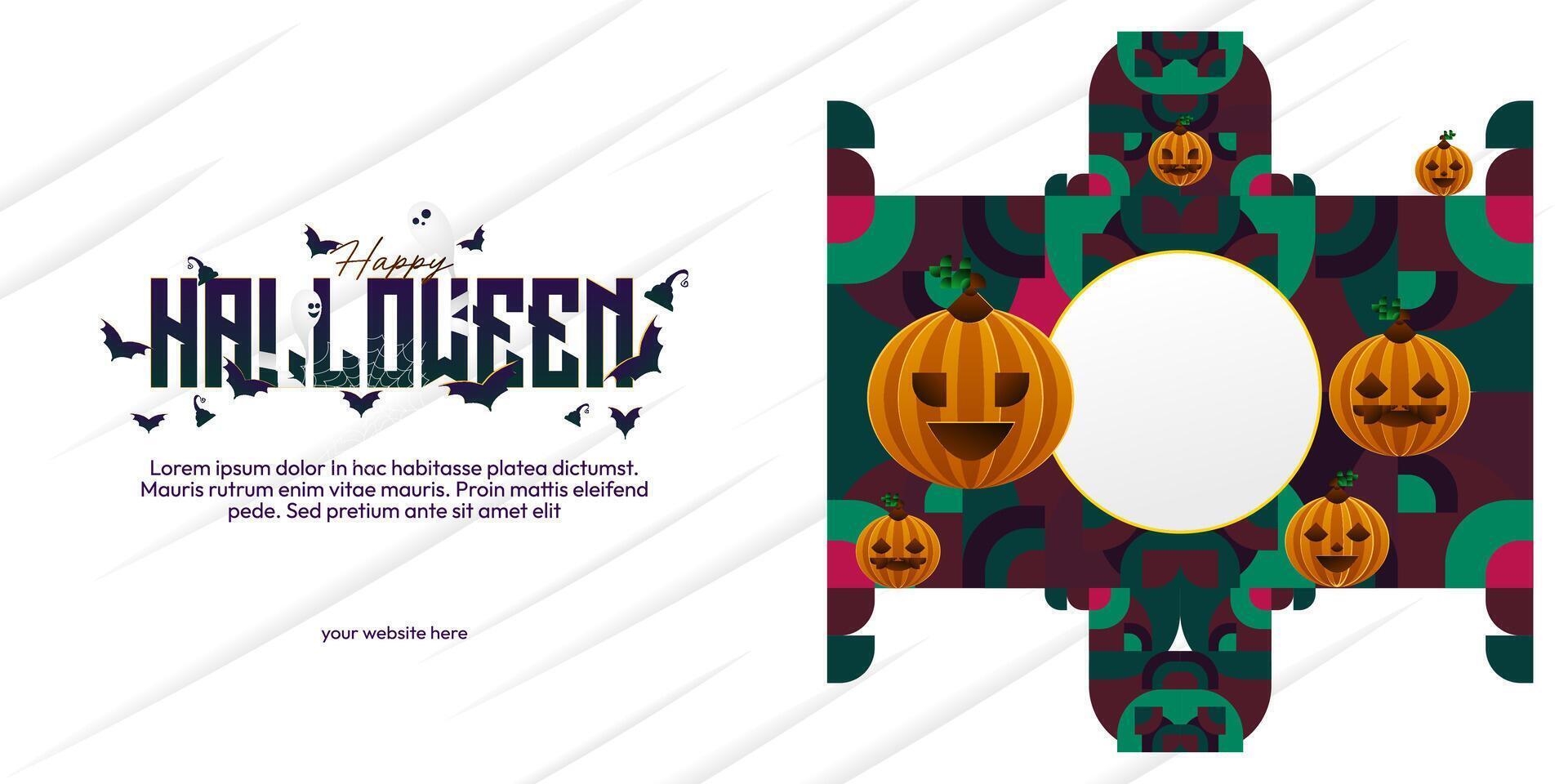 Happy Halloween background in geometric style. Happy halloween cover with pumpkins, spider webs and typography. Suitable for posters, greeting cards and party invitations for Halloween celebrations vector