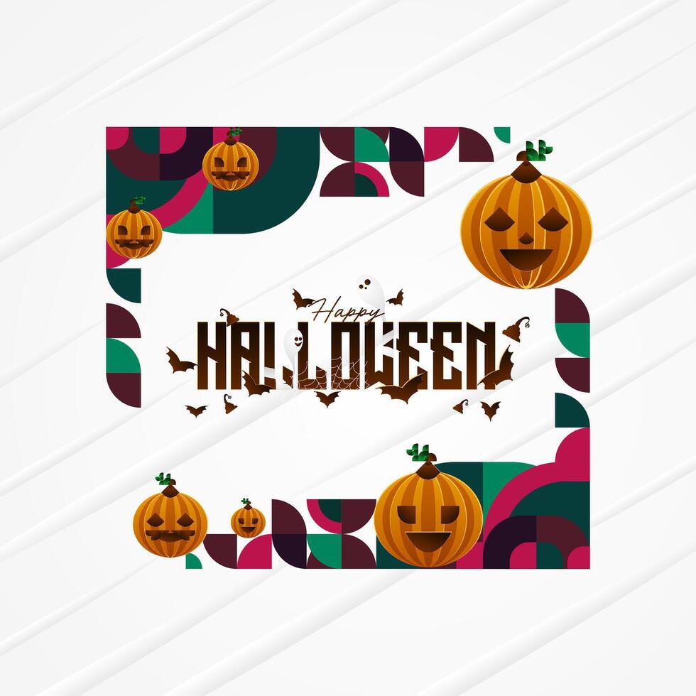 Happy Halloween background in geometric style. Happy Halloween cover with pumpkins, spider webs and typography. Suitable for posters, greeting cards and party invitations for Halloween celebrations vector