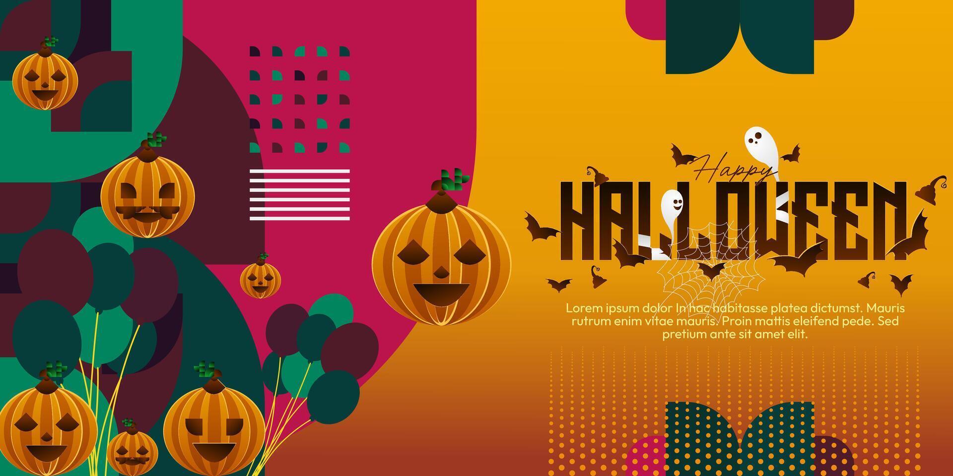 Happy Halloween background in geometric style. Happy halloween cover with pumpkins, spider webs and typography. Suitable for posters, greeting cards and party invitations for Halloween celebrations vector