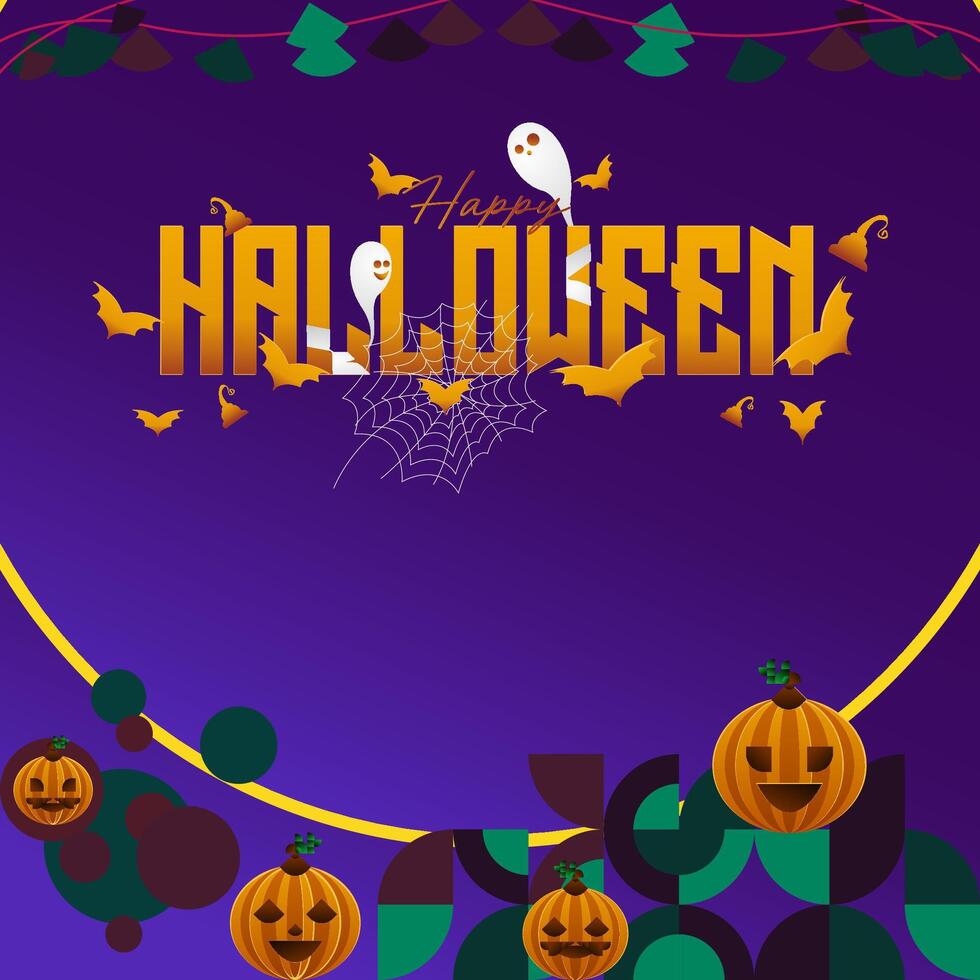 Happy Halloween background in geometric style. Happy Halloween cover with pumpkins, spider webs and typography. Suitable for posters, greeting cards and party invitations for Halloween celebrations vector