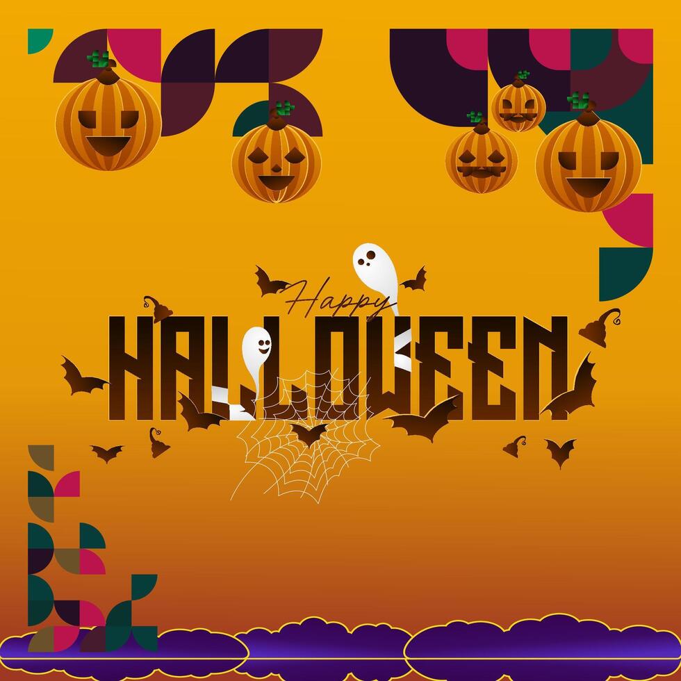 Happy Halloween background in geometric style. Happy Halloween cover with pumpkins, spider webs and typography. Suitable for posters, greeting cards and party invitations for Halloween celebrations vector