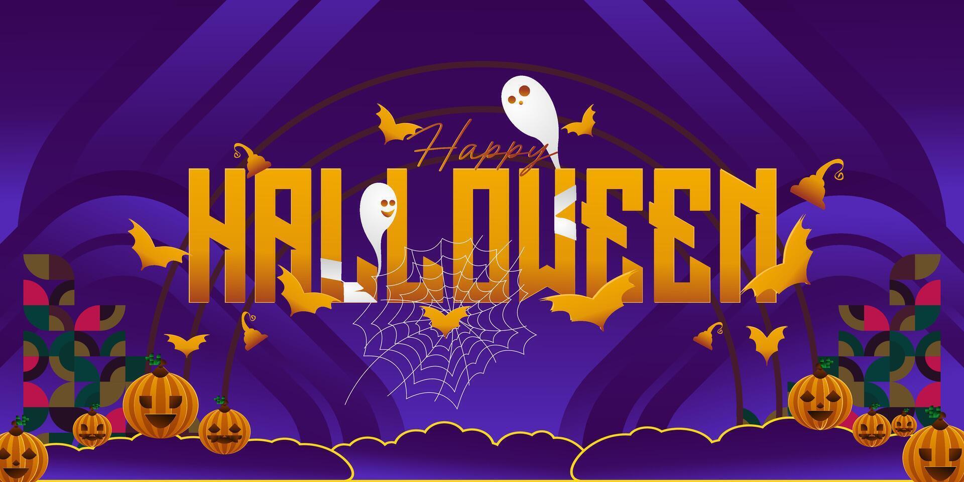 Happy Halloween background in geometric style. Happy halloween cover with pumpkins, spider webs and typography. Suitable for posters, greeting cards and party invitations for Halloween celebrations vector