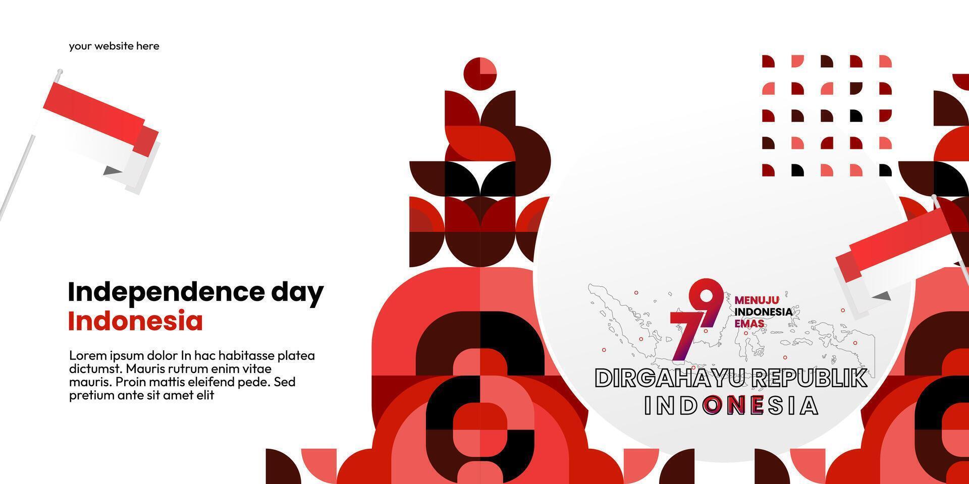Happy Indonesian Independence Day background in geometric style. Happy Indonesia National Day cover with typography. Vector Illustration. Suitable for greeting cards, ads banner and party invitations
