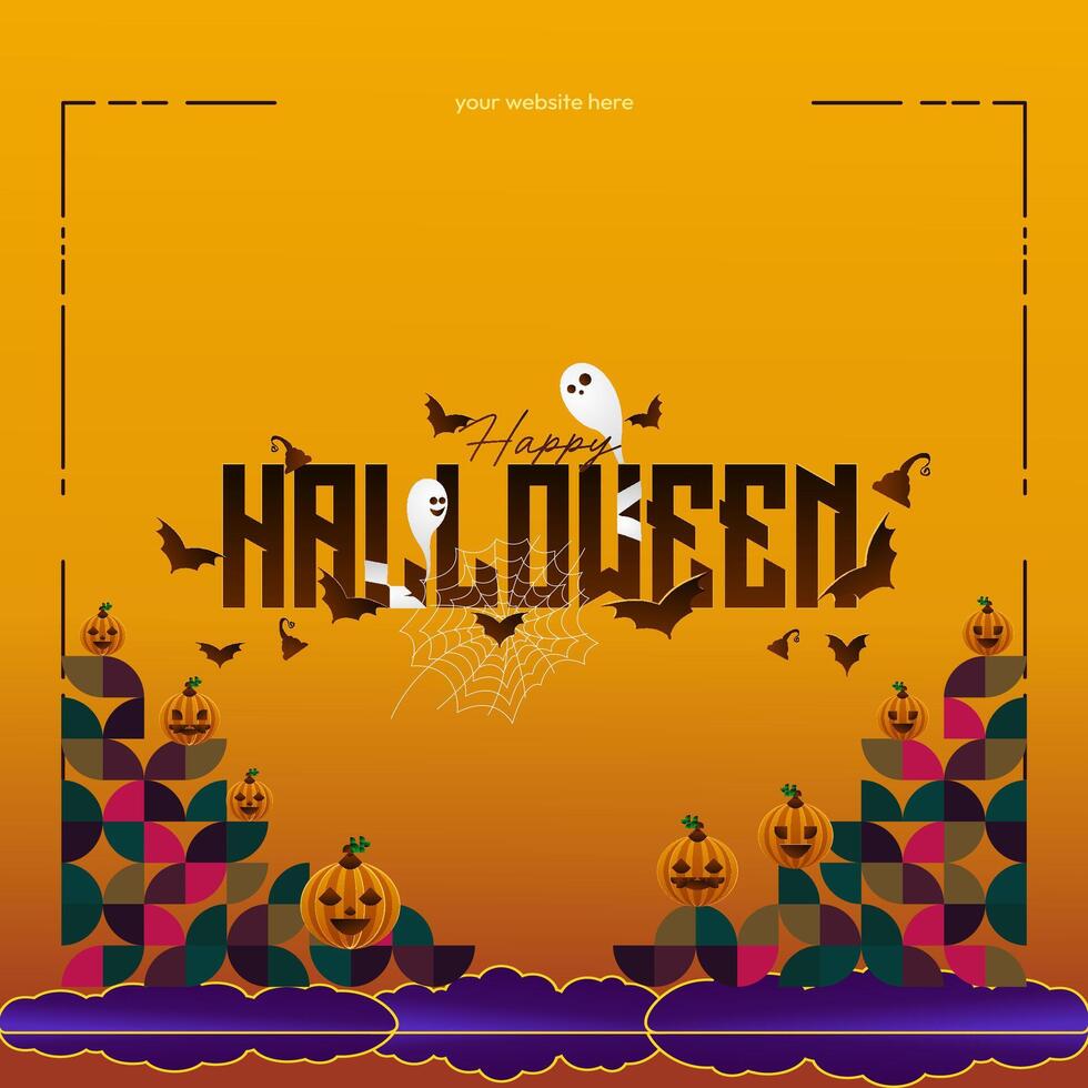 Happy Halloween background in geometric style. Happy Halloween cover with pumpkins, spider webs and typography. Suitable for posters, greeting cards and party invitations for Halloween celebrations vector